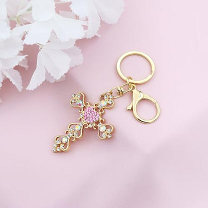 TTYY Stylish Rhinestone Cross Keychain - Sparkling Christian Car Key Ring for Women Men,Religious Gift for Purse Backpack Bag - color: Pink