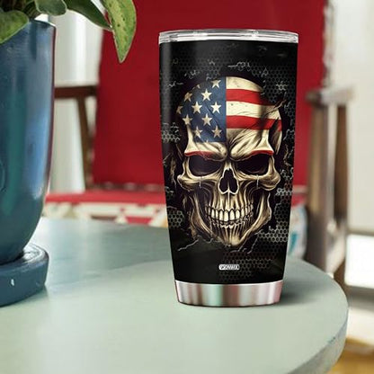 Personalized American Flag Skull Tumbler Gifts for Men Travel Cup Coffee Mug Insulated Stainless Steel 20oz With Lid Water Bottle Gift for Dad Him Husband Son - color: SKULL FLAG