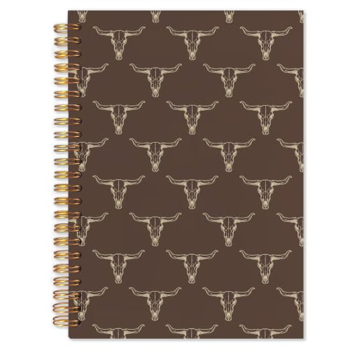 Brown Western Spiral Notebook，Cowboy Gifts for Men,Western Office Supplies - color: White Longhorn Skull Western