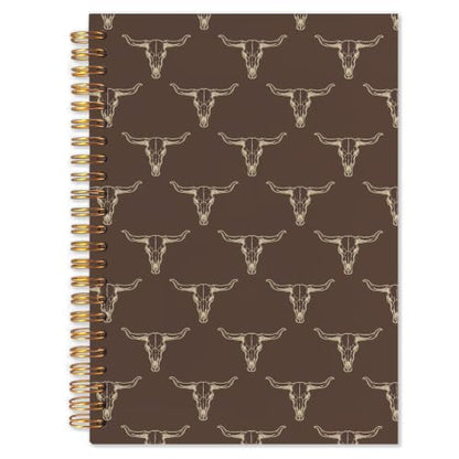 Brown Western Spiral Notebook，Cowboy Gifts for Men,Western Office Supplies - color: White Longhorn Skull Western