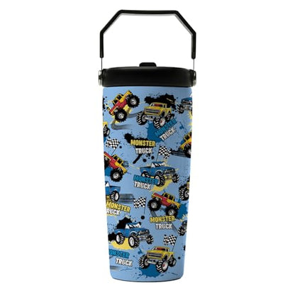 Hiboss Monster Truck Tumbler with Handle and Flip Straw 28oz, Insulated Stainless Steel Travel Monster Trucks Cup for Kids Boy, Birthday Christmas Trucks Gifts for Kids Teens Boys - color: Monster Truck
