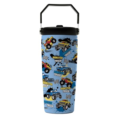 Hiboss Monster Truck Tumbler with Handle and Flip Straw 28oz, Insulated Stainless Steel Travel Monster Trucks Cup for Kids Boy, Birthday Christmas Trucks Gifts for Kids Teens Boys - color: Monster Truck