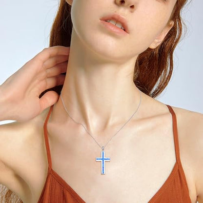 YFN Cross Necklace Sterling Silver Religious Cross Pendant Jewelry Christian Gifts for Women Men - style: B. Blue Opal