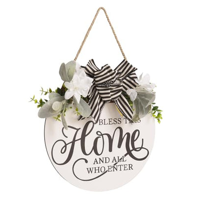 Welcome Sign for Front Door, 11.8 Inch Bless This Home and All Who Enter Sign with Wreaths, Round Wood Wall Hanging Decor for Home Front Porch Outdoor
