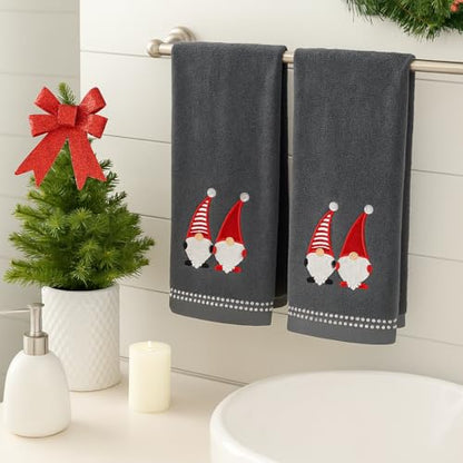 Christmas Gray Grey Guest Hand Bathroom Towels, Jolly Nordic Gnomes, 16x26" - color: Holiday Gnomes