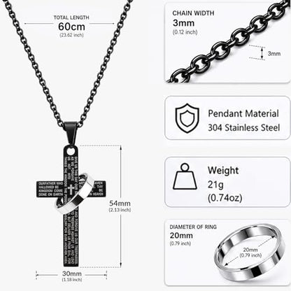 Lord's Prayer Engraved Cross Pendant Necklace with Ring Stainless Steel Religious Jewelry for Men and Women, Faith-Inspired Gift - color: Black