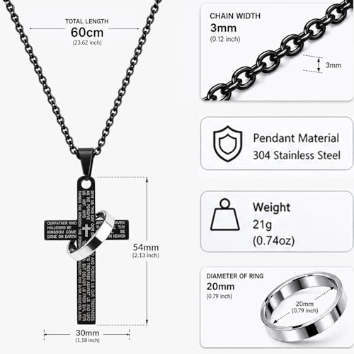 Lord's Prayer Engraved Cross Pendant Necklace with Ring Stainless Steel Religious Jewelry for Men and Women, Faith-Inspired Gift - color: Black