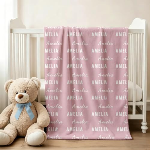 Ships Next Day, Personalized Baby Blanket with Name - Custom Newborn Hospital Swaddle Blanket, Super Soft Plush Flannel Baby Gift for Birth Announcement Shower Easter Gifts for Toddler Kids - color: Pink 2