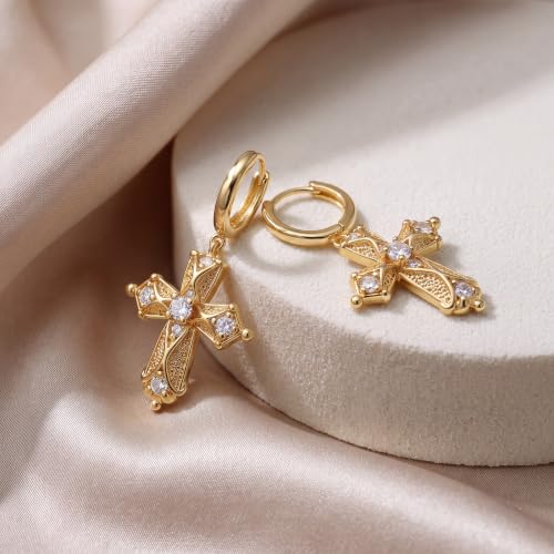 VACRONA Gold Heart Hoop Earrings Huggie Earrings for Women 14k Gold Plated Small Hoops Earrings - color: Cross-CZ-Gold