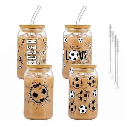 Glass Cups with Lids and Straws, 4Pack, 16oz, Soccer Football - color: Soccer