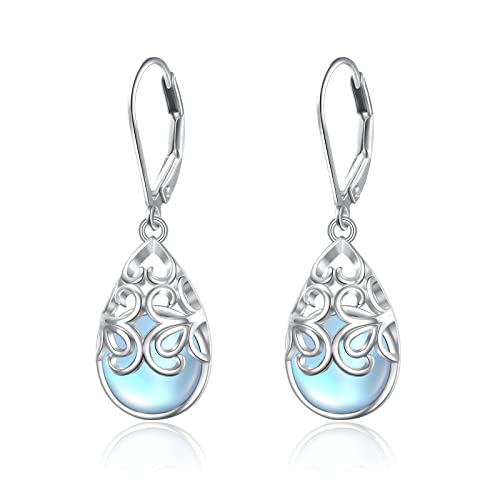 925 Sterling Silver Filigree Dangle Drop Leverback Teardrop Earrings - color: Moonstone Earrings