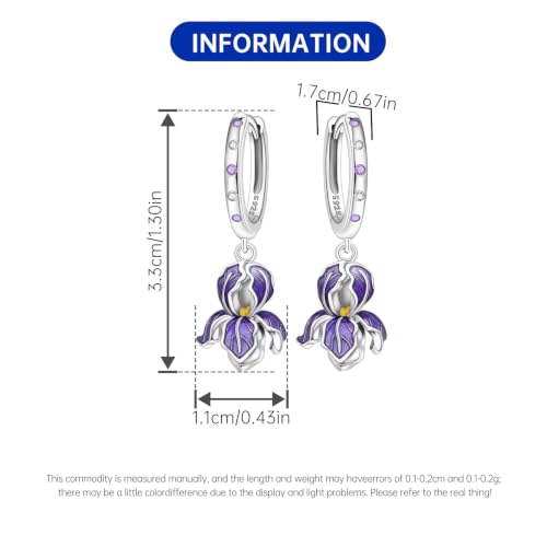 925 Sterling Silver Drop & Dangle Earrings for Women,Butterfly Dragonfly and Bee|Flower and leaf Earrings, Suitable for Sensitive Ears Fashion Jewelry Gift- Hypoallergenic Earrings - color: Purple Iris Earrings