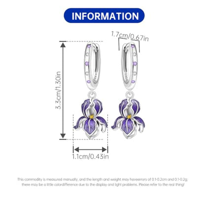 925 Sterling Silver Drop & Dangle Earrings for Women,Butterfly Dragonfly and Bee|Flower and leaf Earrings, Suitable for Sensitive Ears Fashion Jewelry Gift- Hypoallergenic Earrings - color: Purple Iris Earrings