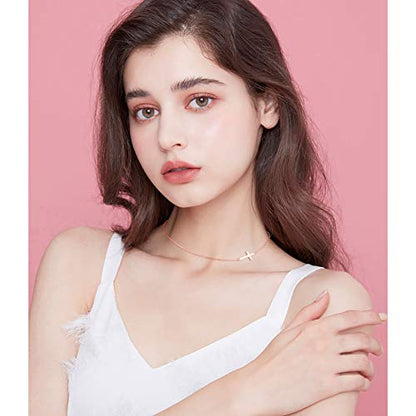 DAOCHONG S925 Sterling Silver Sideways Cross Choker Necklace 14+4 Inch - color: Rose gold-tone