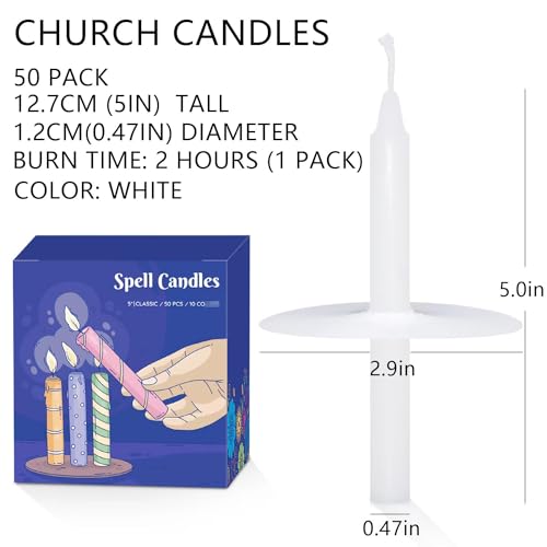 50 Pack 5 Inch White Taper Candles, Church Candle Bulk with Drip Protectors, Unscented Candlesticks for Christmas Eve and Easter Candlelight Service, Vigil, Memorial and Devotional - size: 5 Inch, Pack of 50
