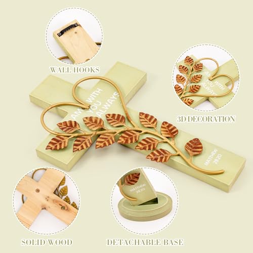 Wooden Cross Wall With Solid Wood Iron Copper Gole Leaf Heart Shaped - color: Green