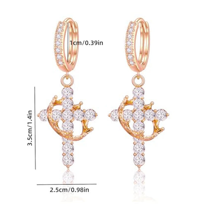 Crown Cross Earrings for Women Gold Cross Hoop Earrings Silver Crystal Crown Huggie Earring Dainty Cute Religious Dangle Earring Trendy Jewelry Accessories - color: rose gold