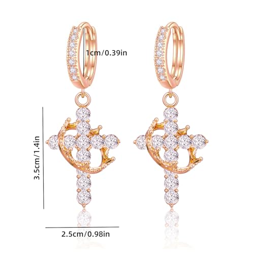 Crown Cross Earrings for Women Gold Cross Hoop Earrings Silver Crystal Crown Huggie Earring Dainty Cute Religious Dangle Earring Trendy Jewelry Accessories - color: rose gold