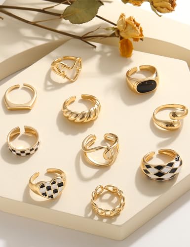 Gold Stackable Rings Set for Women, Gold Plated Chunky Crystal Finger Rings - color: Gold Chessboard