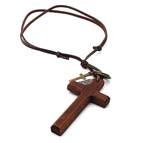 LNKRE JEWELRY Cross Necklace for Men with Leather Chain Vintage Look Wood Necklace - color: Brown