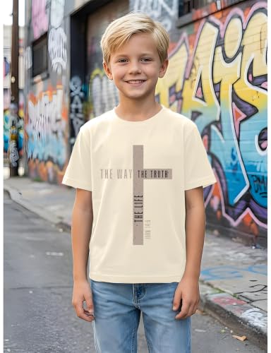Christian Shirts for Boys Jesus Cross Casual Tops - color: Apricot, size: 7-8 Years