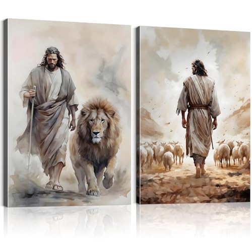 Framed 2Pcs Jesus Canvas wall Art Boho Christian Wall Art Jesus and Lamb Prints Wall Decor Lamb of God Pictures Posters Lion of judah Paintings for Livingroom Bedroom Church Decorations(12"*16"*2Framed) - color: 2pcs jesus lion sheep, size: 16"L x 12"W