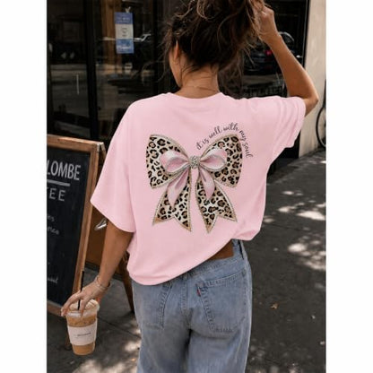 Leopard Bow Shirt Cheetah Bow Shirt Christian Shirts for Women Faith Bible Verse Shirts God Coquette Graphic Tees - color: Pink, size: Large