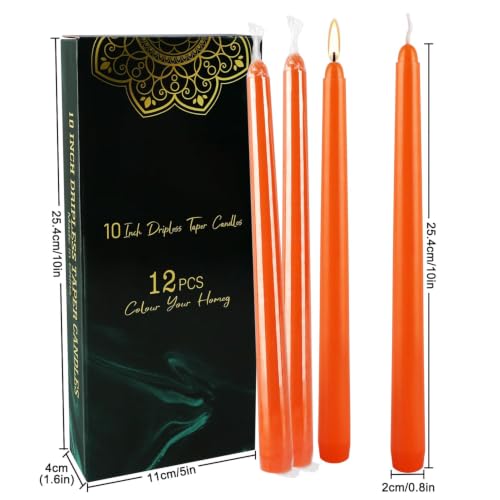 12 Pack 10 Inch Orange Taper Candles, Dripless Wax - color: orange1-10"12pcs