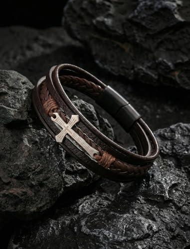 Mens Leather Cross Bracelet Multilayer Braided Wristband Bangle Bracelets with Stainless Steel Buckle Religious Gift for Men Brown/Black/Blue–8.3 inch - color: Style1, size: 8.3in(Fits most wrists)