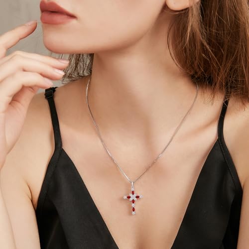925 Sterling Silver Cross Necklace for Women，Birthday Delicate Star Cross Necklace Jewelry Gifts for Women，Birthstone Religious Jewelry for Mom, Chain 18 inch - color: A. 1. Red-Garnet-January