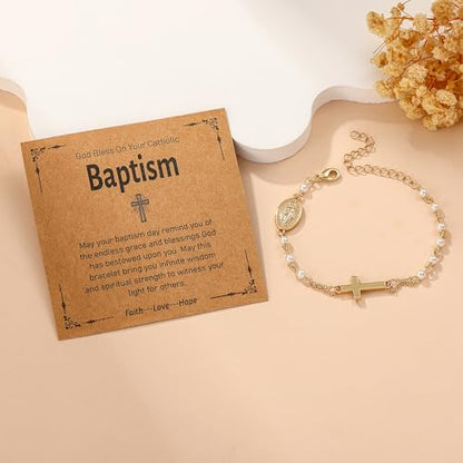 Catholic Bracelets Gifts for Women Girls, Simulated Pearl Rosary Beads Virgin Mary Cross Charm Bracelet Confirmation First Communion Baptism Religious Christian Jewelry Gift - color: Baptism Gold