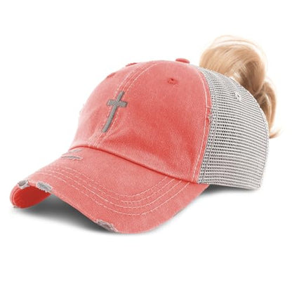 Ponytail Cap Women's Baseball Cap Embroidered Cross Silver Christ Jesus God Faith Cotton - color: Coral Design Only