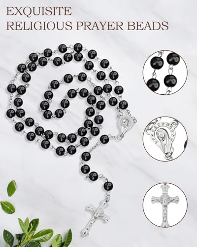 Rosary Beads for Women - Catholic Rosary Beads with Cross, Pink Crystal Rosary Necklace with Velvet Pouch, Religious Gifts for Women - color: Black