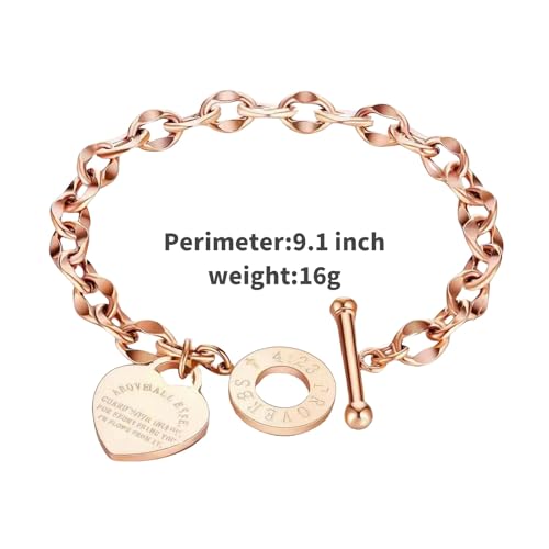 Heart Charm Bracelet Plated 18K Gold/Silver/Rose Gold Bible Scripture Heart Bracelet for Women Jewelry Gift Her Link Chain OT Clasp Stainless Steel - color: Rose Gold（9.1 inch）