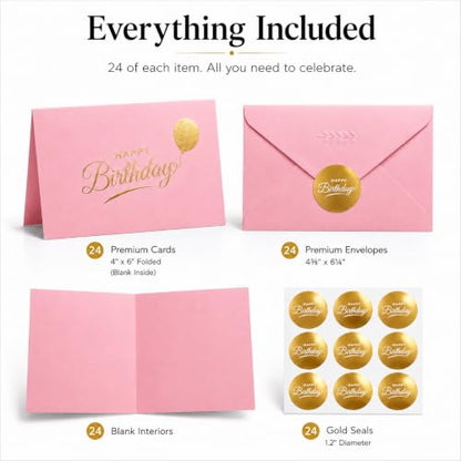Happy Birthday Cards with Envelopes and Stickers, 24 Pack, Dusty Pink Greeting Cards with Gold Foil Balloon Design, Elegant Birthday Card Set for Friends, Family, Clients (Dusty Pink) - color: Dusty Pink