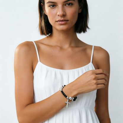 Cross Rosary Bracelet for Women Handcrafted Crystal Virgin Mary Cross Beaded Bracelets Christian Faith Link Bracelets Crucifix Religious Christian Faith Jewelry - color: Black