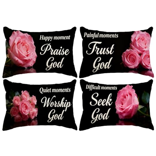 Christian Faith Throw Pillow Covers 12x20 Inch Inspirational Bible Verse Pink Rose Decorative Pillowcases Church Religious Cushion Covers 4Pack, Gift for Christian & Faith Lovers (Pink, 12×20) - color: Pink
