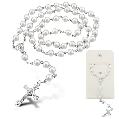 Rosary Beads for Women - Catholic Rosary Beads with Cross, Pink Crystal Rosary Necklace with Velvet Pouch, Religious Gifts for Women - color: White