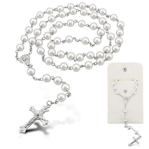 Rosary Beads for Women - Catholic Rosary Beads with Cross, Pink Crystal Rosary Necklace with Velvet Pouch, Religious Gifts for Women - color: White