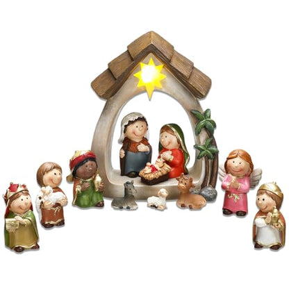 Nativity Set & Figures, 12 Pieces Small Christmas Nativity Scene with LED Light Resin Lighted Tabletop Nativity Indoor Decor Includes 1 Manger and 11 Figurine (Mini Figure)
