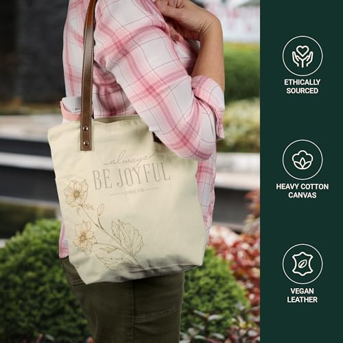 Christian Art Gifts Natural Canvas Tote Bags for Women with Inspirational Scripture, Easy Carry Vegan Leather Shoulder Straps