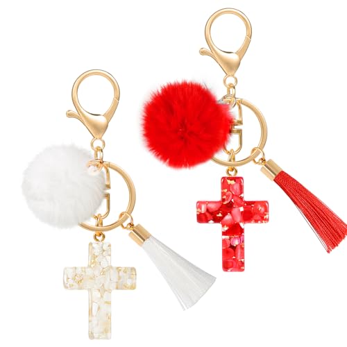 MWOOT 2PCS Cross Keychains for Women, Christian Keyring Tassels Plush, Resin Jesus Key Chain, Bag Charm Car Accessories - color: White+red