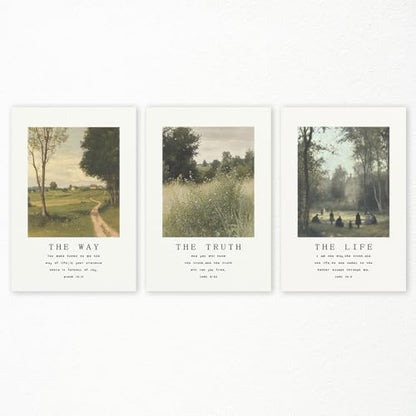 Christian Canvas Wall Art, Religious Scripture The Way The Truth The Life Poster, Set of 3 Bible Verses Print, Biblical Landscape Picture, Modern Spiritual Painting for Prayer 16x24in Unframed - color: Set 2-Unframed, size: 16L" x 24W"