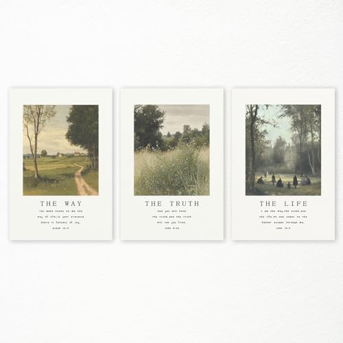 Christian Canvas Wall Art, Religious Scripture The Way The Truth The Life Poster, Set of 3 Bible Verses Print, Biblical Landscape Picture, Modern Spiritual Painting for Prayer 24x36in Unframed - color: Set 2-Unframed, size: 24L" x 36W"
