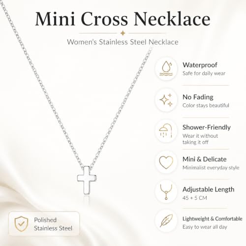 Dainty Tiny Cross Necklace for Women, Stainless Steel Rolo Chain Minimalist Mini Cross Pendant Necklace, Adjustable Simple Faith Christian Jewelry Gift for Women Teen Girls Her