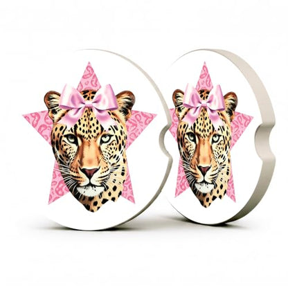 Pink Bow Car Coasters, Retro Leopard Print Coquette Cup Holders, 12 - color: Pink Bow