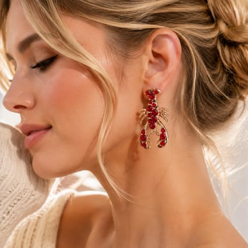 Creative Exaggerated Ocean Animal Drop Dangle Earrings for Women, Bohemia Style Alloy Lobster Octopus Fish Crab Earrings for Summer Beach Holiday Party Jewelry Gifts - style: Gold Red Rhinestone Lobster Earrings-F