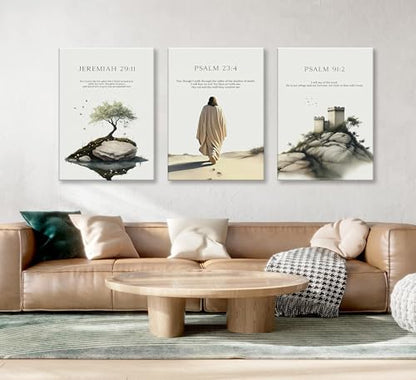 3pcs Framed Bible Verse Jesus Canvas Wall Art Earthy Beige Gray Green - color: Colorful, size: 12x16 Framed