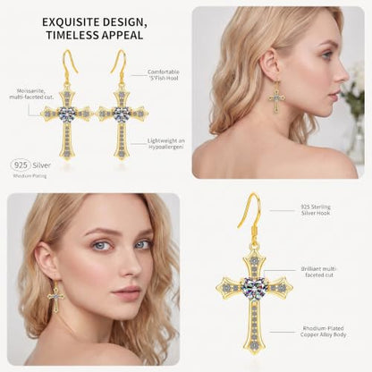 Moissanite S925 Sterling Silver Dainty Cross Drop Dangle Earrings For Women - color: Gold
