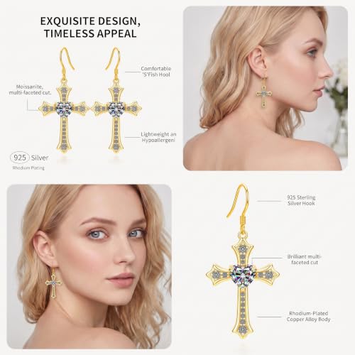 Moissanite S925 Sterling Silver Dainty Cross Drop Dangle Earrings For Women - color: Gold